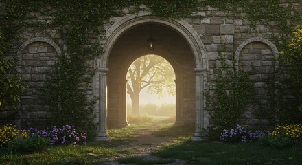 Naklejka premium Stone Archway with Garden View and Sunlight