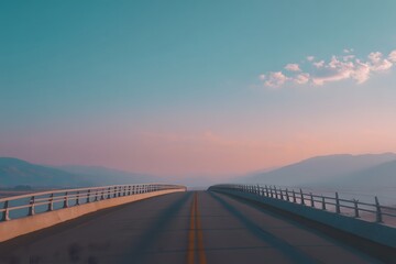 An open bridge on a curved road leading to a distant mountain range with a serene pink and blue sky