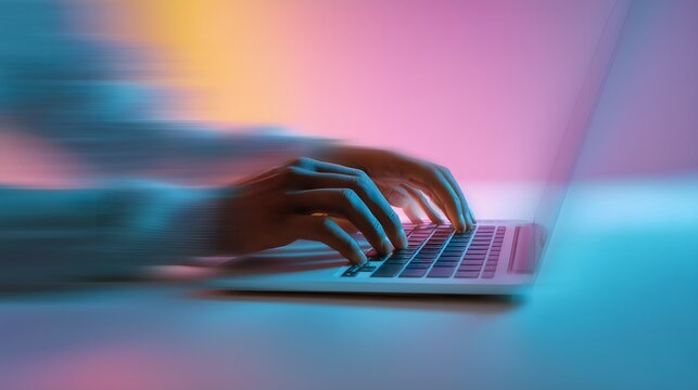 A close-up of a person's hands typing on a laptop keyboard with a pink and blue background and motion blur