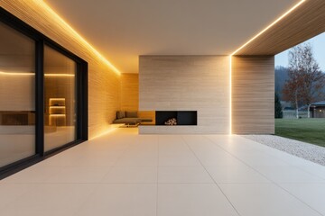 Modern outdoor living space with fireplace