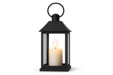 Black metal lantern protecting burning candle on transparent background