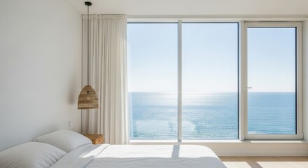 Fototapeta premium Minimalist Bedroom with Sea View – Bright & Airy Coastal Interior Design