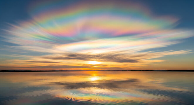 Spectacular Iridescent Clouds Reflecting in Calm Water During a Vibrant Sunset with Sun Flares