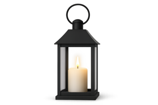 Black metal lantern protecting burning candle on transparent background