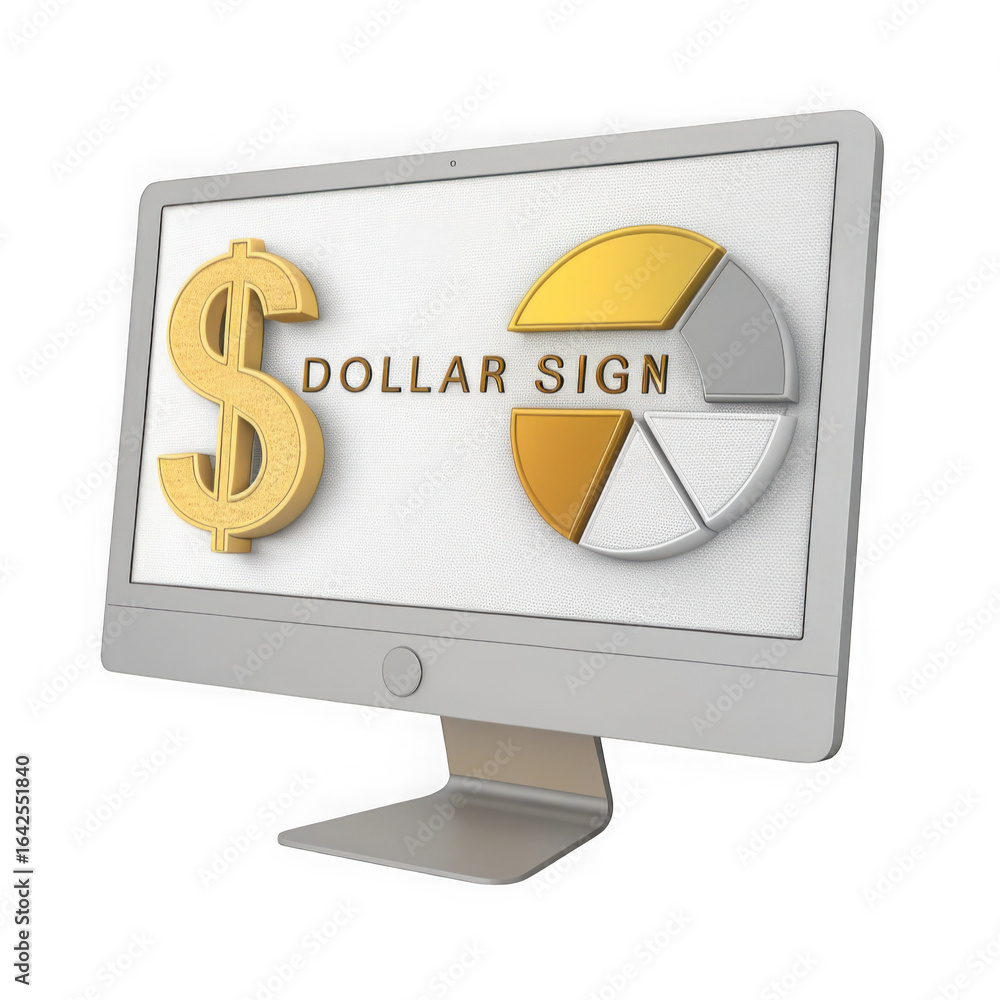 Poster 3d illustration of computer screen displaying a dollar sign and pie chart, isolated on transparent b