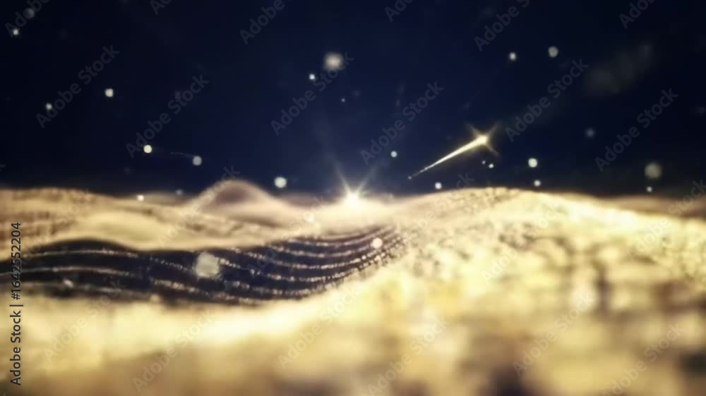 Poster golden shimmering particles form an undulating abstract wave, illuminated by a central light beam in