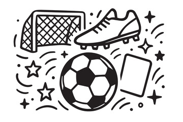 Vector background with soccer sports theme in black and white, outlined in bold black lines, ideal for event posters, banners, and advertisements.


