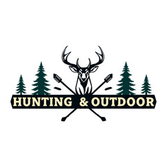 Rustic Hunting Emblem Featuring Deer Head, Crossed Arrows, and Evergreen Forest for Outdoor Sports, Camping, and Wildlife Tourism