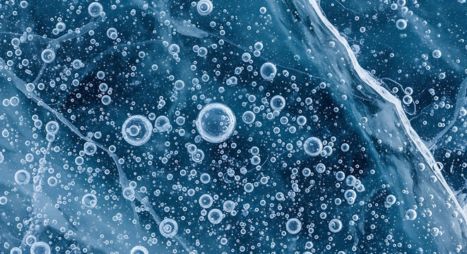 Frozen Bubbles Trapped in Icy Blue Texture Reflecting Cold Natural Beauty and Winter Atmosphere