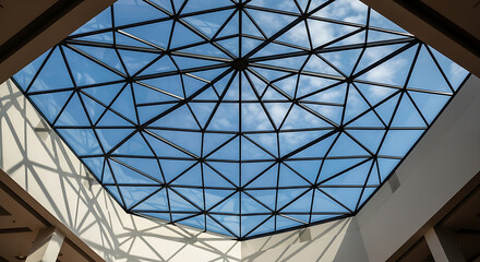 Geometric Skylight Dome Structure Framing Blue Sky with White Clouds in Modern Building Architecture Design