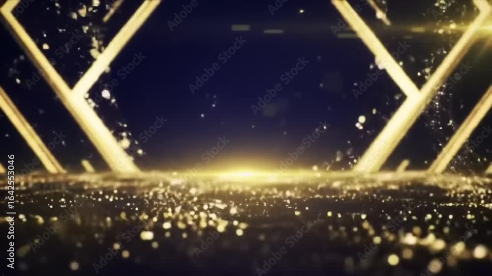 Poster dynamic golden light beams and sparkling particles converge on a luminous horizon, creating a luxuri