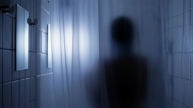 Blurry, dimly lit shower stall interior, featuring a shadowy figure and frosted glass shower curtain, within a tiled bathroom