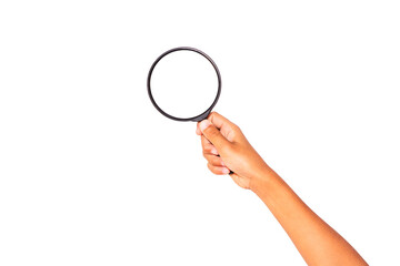Child's hand holding magnifying glass isolated on transparent background