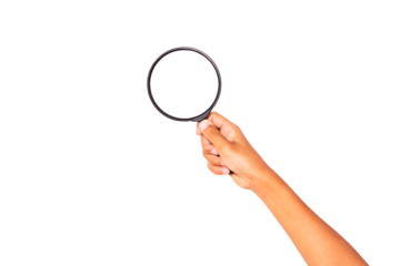 Child's hand holding magnifying glass isolated on transparent background