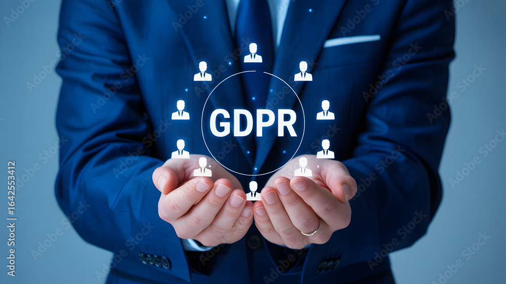 Poster businessman demonstrates gdpr data protection concept with interconnected user icons