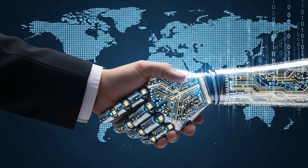 A handshake between a human and a robot hand in front of a world map and binary code backdrop