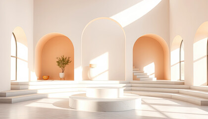 Minimalist architectural interior with arched doorways, soft sunlight, and round podium, elegant neutral background for product display, branding mockup, and creative graphic design resources
