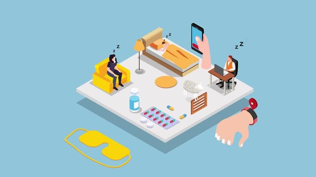Isometric animated scene of people sleeping and working with objects related to sleep and insomnia. A concept for sleep deprivation, health problems and insomnia 3d animation cartoon