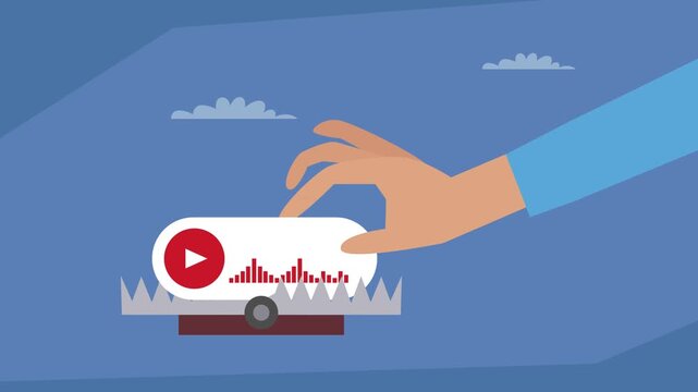 Animated hand reaching to a trap with a video player icon. A concept for clickbait and internet scams cartoon animation