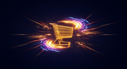 Shopping Cart with Burst of Colorful Light Trails