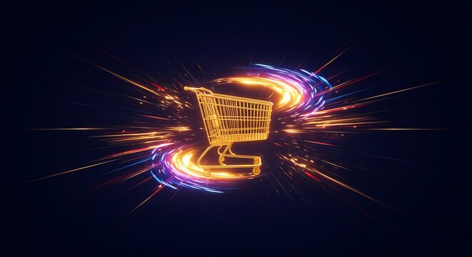 Shopping Cart with Burst of Colorful Light Trails