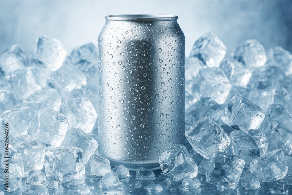 Poster cold drink can mockup with water droplets surrounded by ice cubes on bright background for branding 