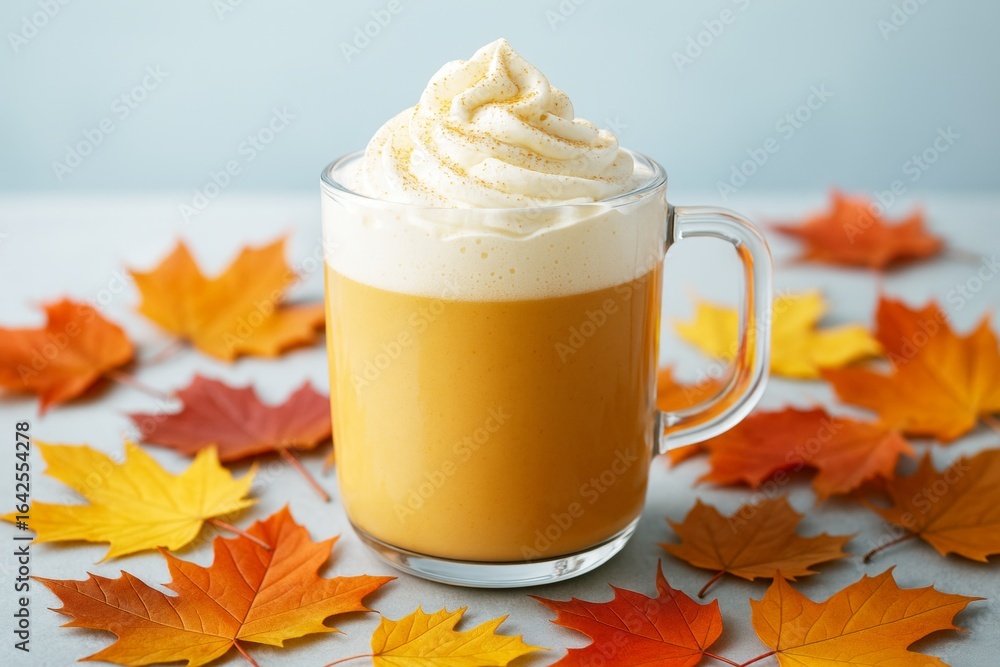 Poster autumn-themed pumpkin spice latte with whipped cream in a clear mug surrounded by colorful fall leav