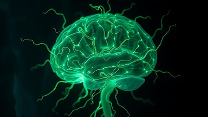 A translucent brain entwined with glowing green bioluminescent vines, pulsing with mysterious energy.