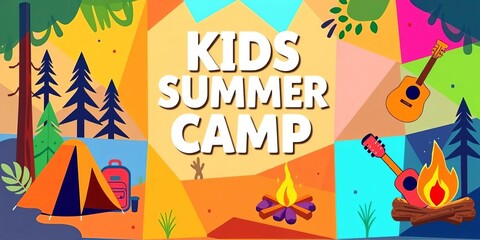 Obraz premium Bright geometric square tile design for kids summer camp flyer featuring tent, backpack, compass, guitar, campfire icons, summer, activities