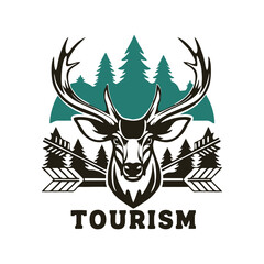 Rustic Hunting Emblem Featuring Deer Head, Crossed Arrows, and Evergreen Forest for Outdoor Sports, Camping, and Wildlife Tourism