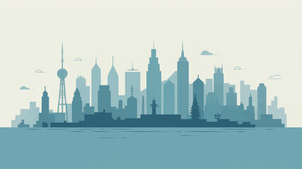 Naklejka premium Blue City Skyline Silhouette with Water and Clouds Keywords: city, skyline, silhouette, urban