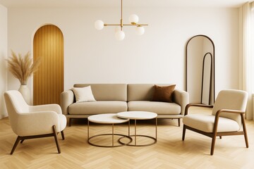 Modern minimalist living room with beige furniture, wooden accents, round tables, and stylish decor in a bright contemporary interior setting.