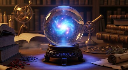 Mystical crystal ball glows with swirling cosmic energy, surrounded by ancient books, astrolabes, and scrolls, evoking a sense of magic, destiny, and hidden knowledge.