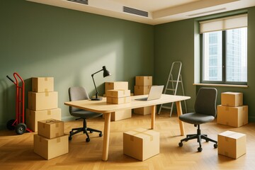 Fototapeta premium Modern office interior with moving boxes, wooden desk, and green walls during relocation in contemporary high-rise building setting.