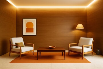 Contemporary minimalist lounge room with warm lighting, wooden walls, modern armchairs, and geometric wall art in cozy interior setting.
