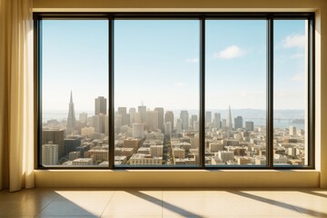 Spacious modern interior with panoramic city view through large glass windows and soft daylight casting shadows on tiled floor.