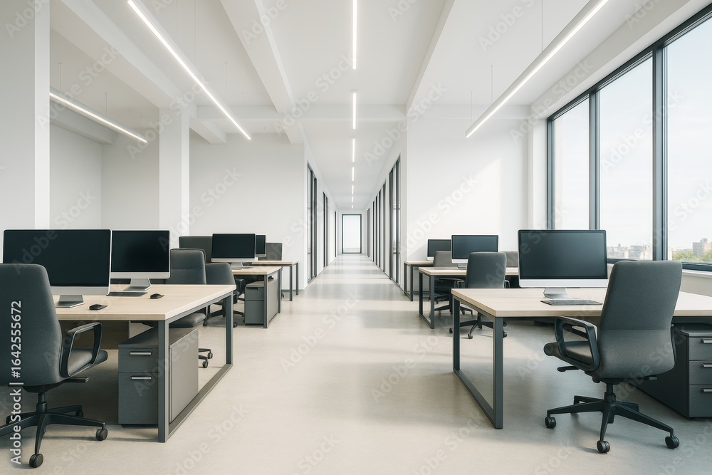 Aufkleber modern minimalistic office interior with multiple workstations and large windows in a bright hallway