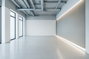Modern empty interior room with industrial ceiling pipes, large windows, and minimalistic lighting design in a contemporary architectural space.
