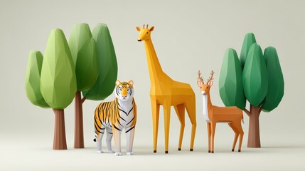 Low Poly Animals Tiger Giraffe Deer 3D Render