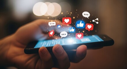 Hand holding a smartphone with social media icons floating above the screen in a blurred background