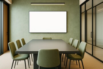 Modern meeting room with blank whiteboard, green chairs, black table, and glass walls in contemporary office interior space. Ai generative.