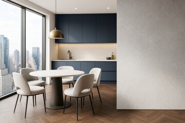 Fototapeta premium Contemporary kitchen interior with navy cabinets, wood floor, round dining table, city view, and blank wall space for mockup or branding concept.