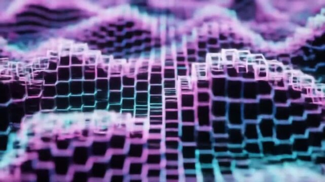 An abstract digital landscape features a mesmerizing grid of glowing blocks in vibrant purple pink and blue hues creating a futuristic data visualization.