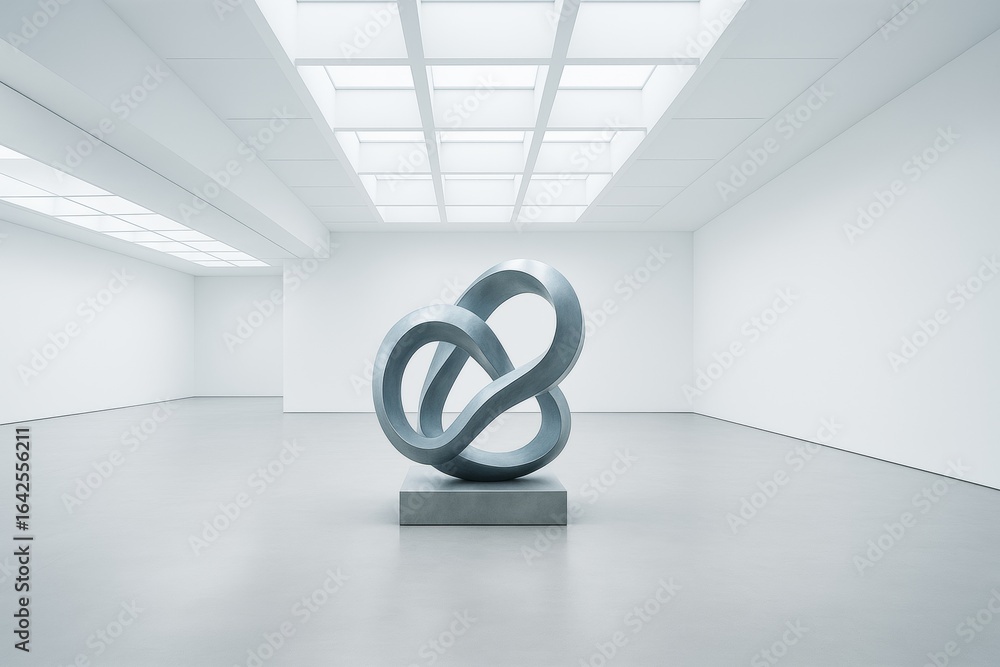 Poster abstract metallic infinity loop sculpture displayed in a minimalistic white gallery with geometric c
