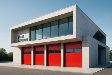 Modern fire station building with bold red garage doors and minimalist architecture under clear sky in daylight, front exterior view. Ai generative