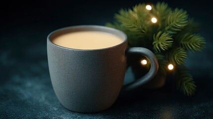 Fototapeta premium A grey speckled mug filled with a warm creamy beverage sits beside a sprig of evergreen adorned with twinkling lights