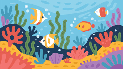 Fototapeta premium Cartoon underwater world with fish and seashells ocean