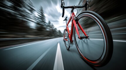 Fototapeta premium Cyclist speeds down a road, blurred background, active lifestyle, sports