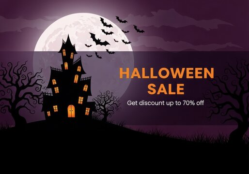 Halloween sale banner with haunted house and full moon discount spooky