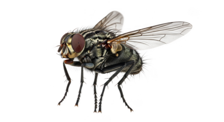Closeup macro shot of a common housefly insect isolated on transparent background, showcasing intricate details of its body, wings, and legs